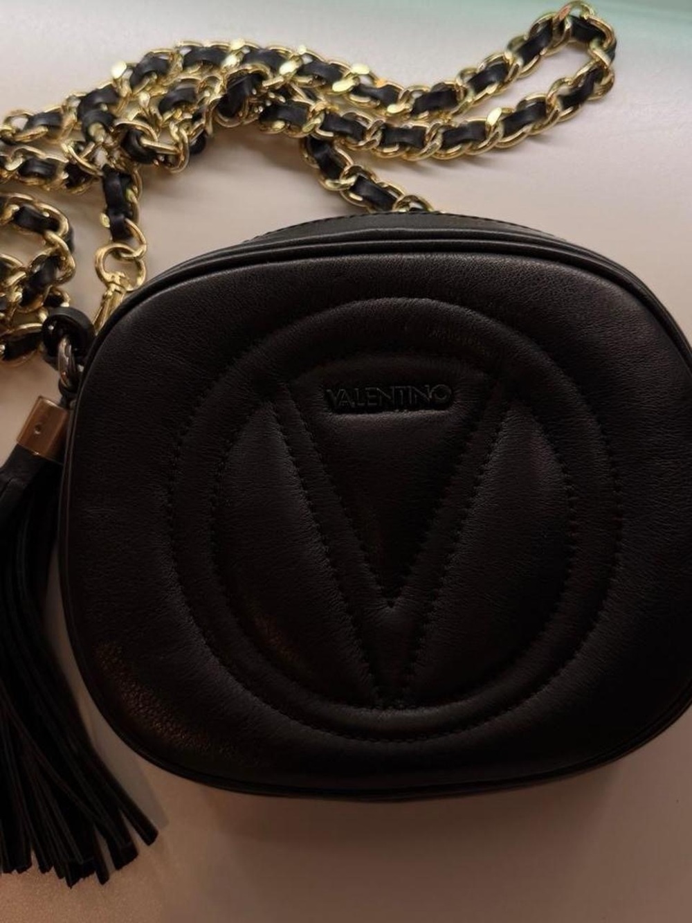 Valentino Black Quilted Leather Circle Crossbody with Tassel - Picture 3 of 8